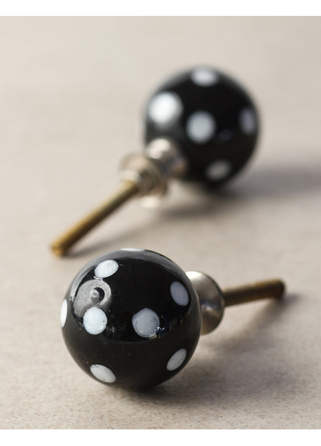 Antique Black Round Dresser Cabinet Knob With White Polka-Dots