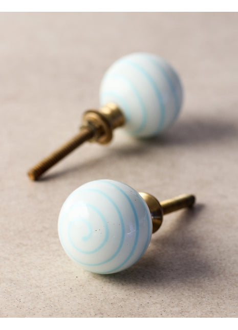 White Round Glass Drawer Cabinet Knob With Turquoise Spiral