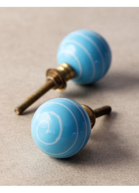 Turquoise Round Glass Kitchen Cabinet Knob With White Swirl