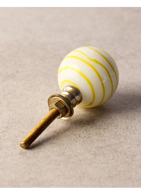 White Round Glass Kitchen Cabinet Knob With Yellow Spiral