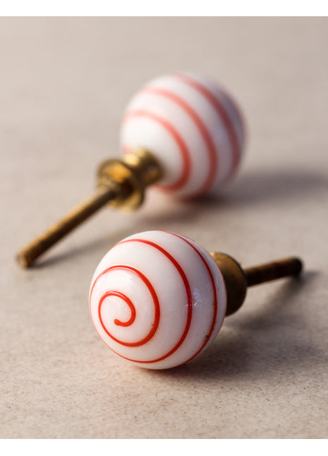 White Round Glass Drawer Cabinet Knob With Red Spiral