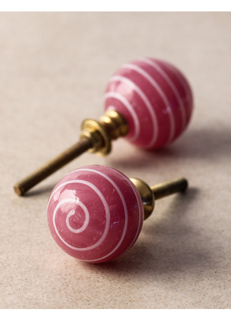 Stylish Pink Round Glass Drawer Knob With White Swirl