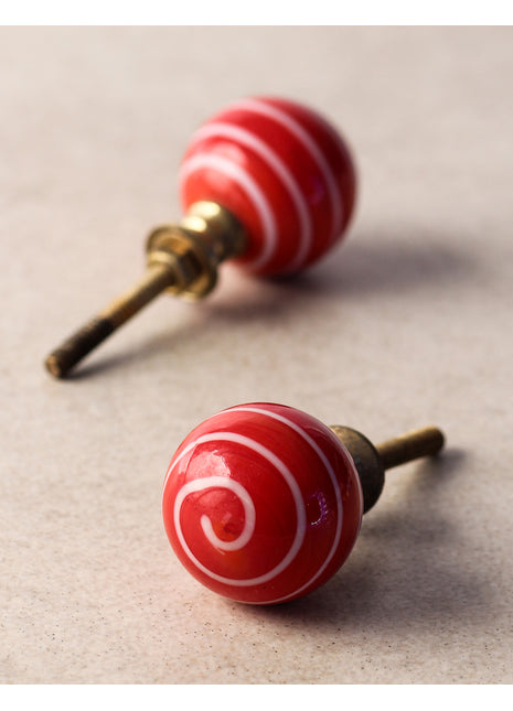 Designer Red Round Glass Door Knob With White Spiral