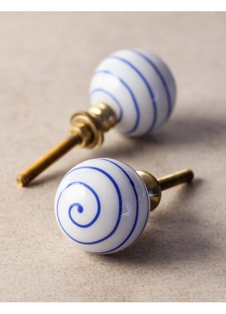 Unique White Round Glass Dresser Cabinet Knob With Blue Swirl
