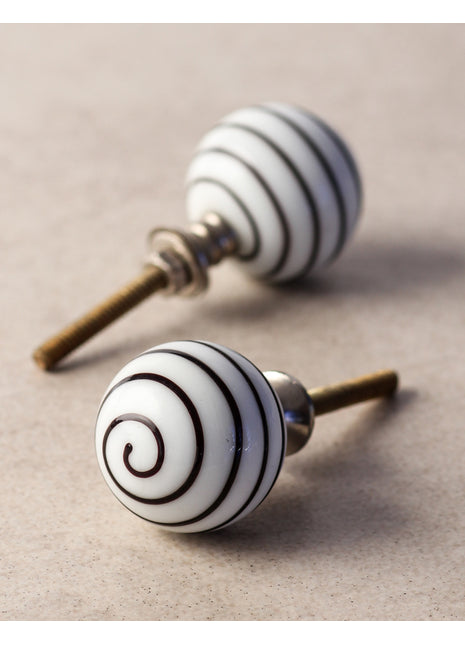 Vintage White Round Glass Dresser Cabinet Knob With Black Swirl