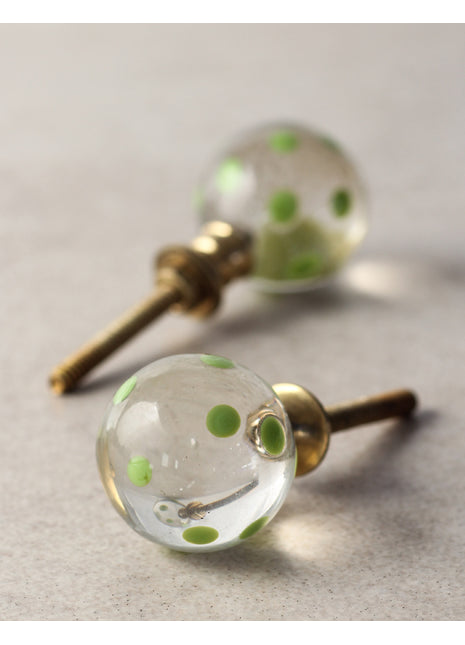 Vintage Transparent Round Shaped Door Knob With Green Polka-Dots