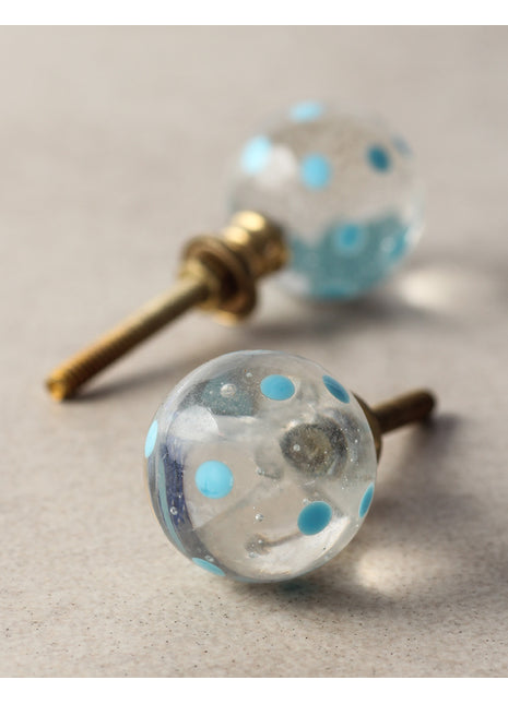 Clear Round Shaped Glass Kitchen Cabinet Knob With Light Blue Polka-Dots