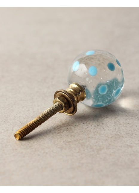 Clear Round Shaped Glass Kitchen Cabinet Knob With Light Blue Polka-Dots