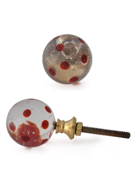 Vintage Clear Round Shaped Kitchen Cabinet Knob With Maroon Polka-Dots