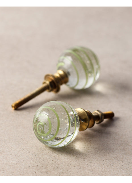 Designer Clear Round Glass Dresser Cabinet Knob With Green Swirl