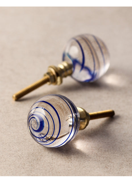 Designer Clear Round Glass Kitchen Cabinet Knob With Blue Swirl