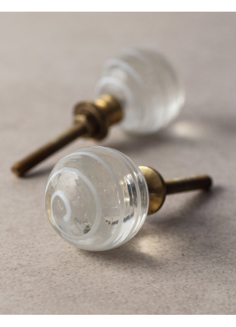 Vintage Transparent Round Glass Door Knob With White Swirl