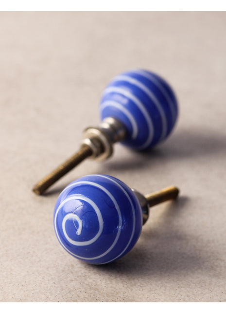 Antique Blue Round Glass Drawer Cabinet Knob With White Spiral