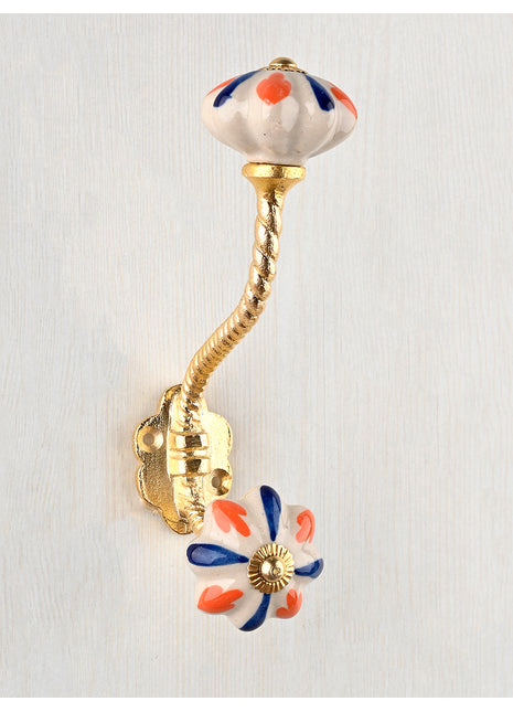 White Ceramic Flower Shaped Blue Flower With Metal Wall Hanger