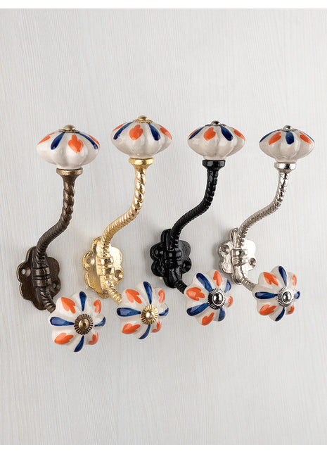 White Ceramic Flower Shaped Blue Flower With Metal Wall Hanger