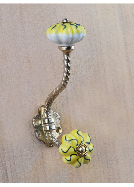 White And Yellow Ceramic Knob With Metal Wall Hanger