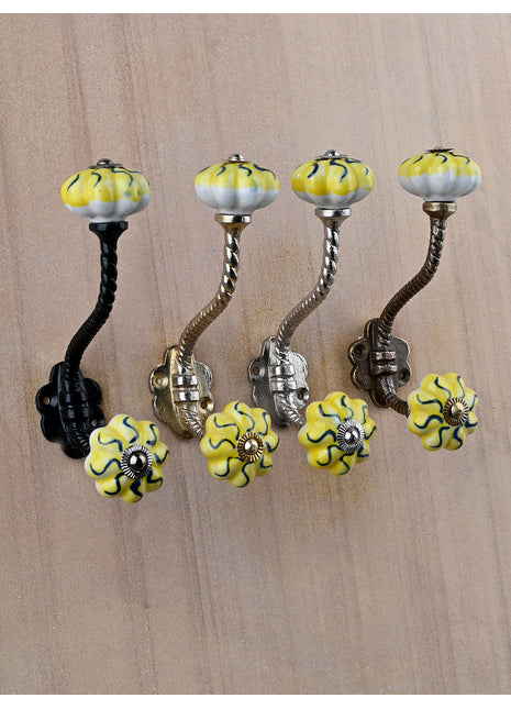 White And Yellow Ceramic Knob With Metal Wall Hanger
