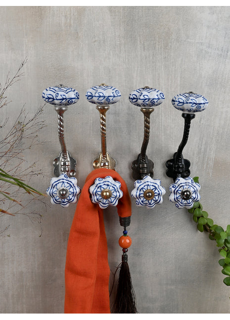 White Ceramic Knob With Floral Design Metal Wall Hanger