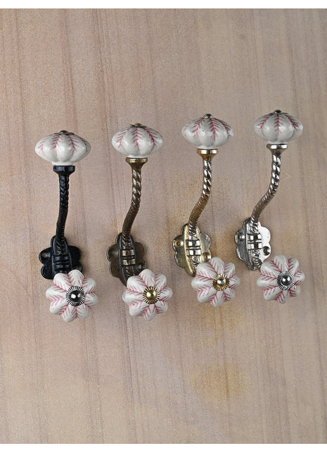 Flower Shaped White Maroon Design Knob With Metal Wall Hanger