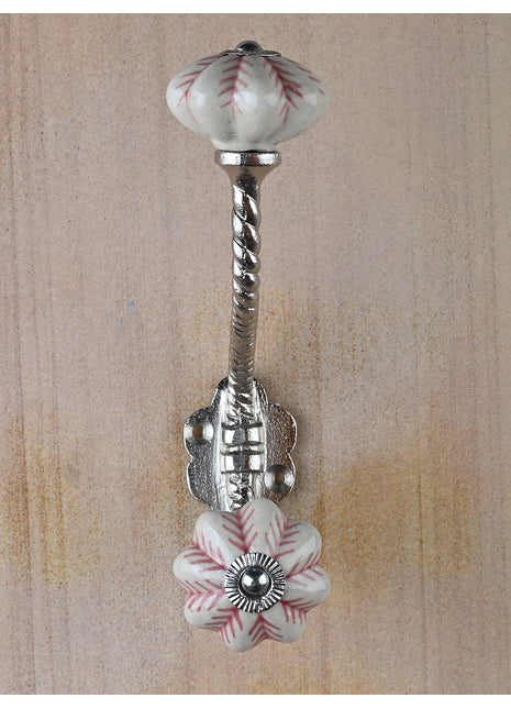 Flower Shaped White Maroon Design Knob With Metal Wall Hanger