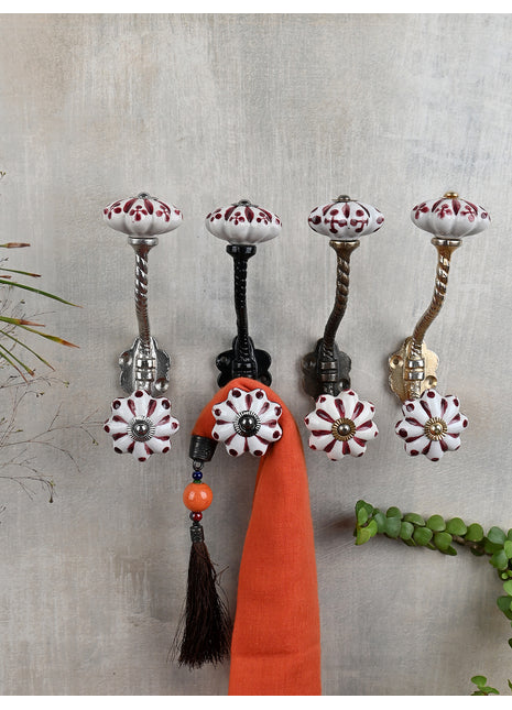 White Kitchen Cabinet Knob With Maroon Floral Design with Metal Wall Hanger