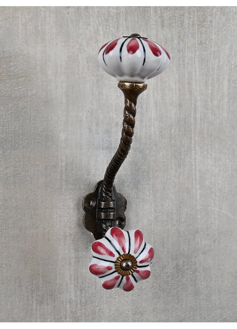 Floral White Royal Ceramic Door Knob With Maroon Print with Metal Wall Hanger