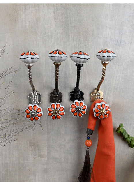 Well Designed White Dresser Cabinet Knob With Orange Flower With Metal Wall Hanger