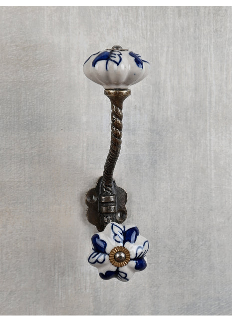 White Floral Ceramic Knob With Handpainted Blue Flowers With Metal Wall Hanger