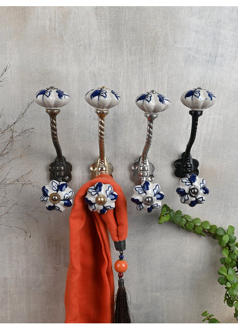 White Floral Ceramic Knob With Handpainted Blue Flowers With Metal Wall Hanger