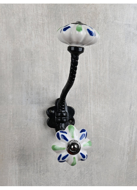 Floral White Ceramic Door Knob With Blue And Green Print With Metal Wall Hanger