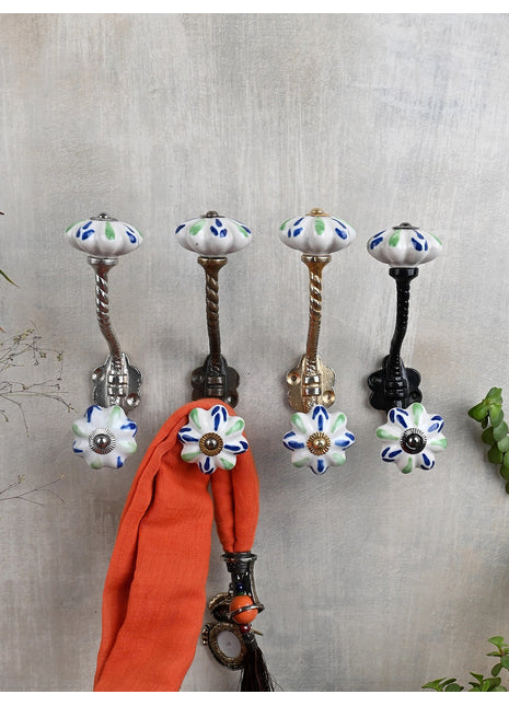 Floral White Ceramic Door Knob With Blue And Green Print With Metal Wall Hanger