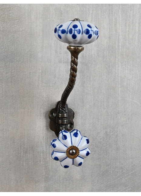 White Floral Ceramic Cabinet Knob With Blue Design With Metal Wall Hanger