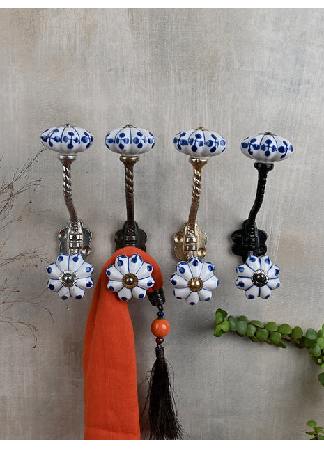White Floral Ceramic Cabinet Knob With Blue Design With Metal Wall Hanger