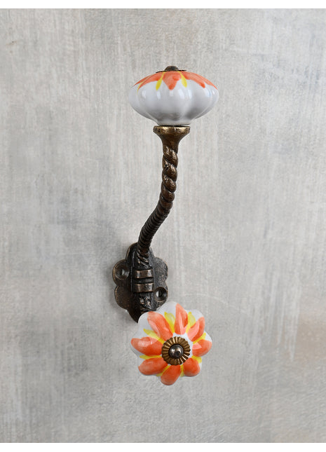 White Handpainted Ceramic Door Knob With Red And Yellow Flower With Metal Wall Hanger