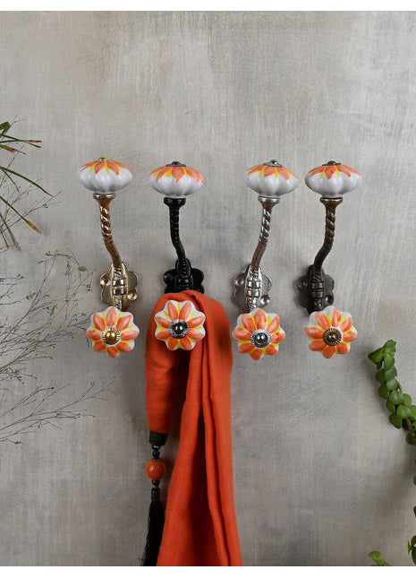 White Handpainted Ceramic Door Knob With Red And Yellow Flower With Metal Wall Hanger