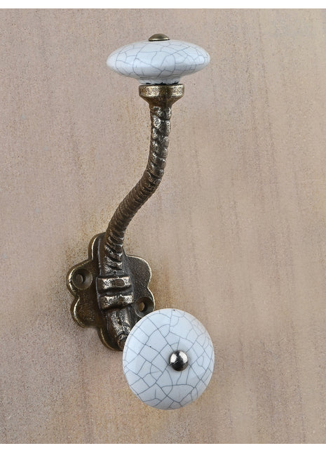 Cracked White Ceramic Knob With Metal Wall Hanger