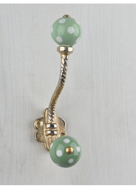 Green Round White Polka Dots Knob With Metal Wall Hanger
