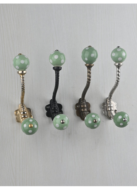 Green Round White Polka Dots Knob With Metal Wall Hanger