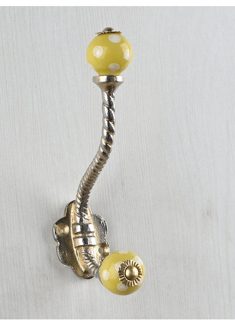 Yellow Round Polka Dots Knob With Metal Wall Hanger