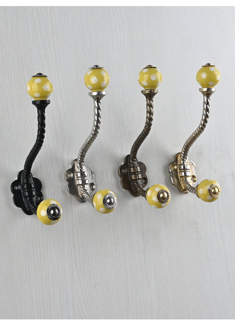 Yellow Round Polka Dots Knob With Metal Wall Hanger