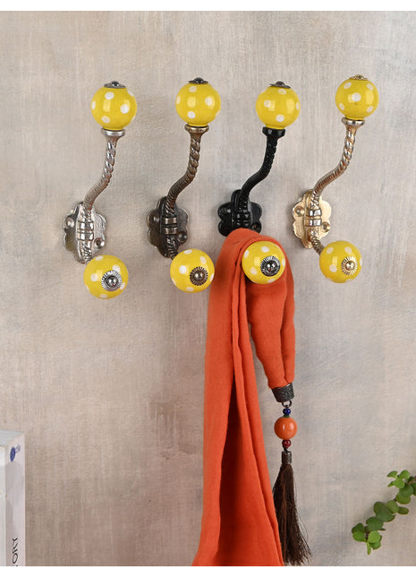Yellow Cabinet White Polka-Dots Knob with Metal Wall Hanger