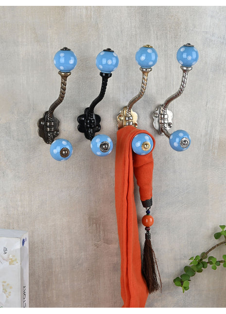Turquoise Cabinet Knob With White Polka Dots Metal Wall Hanger