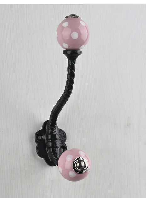 Pink White Polka Dots Ceramic Knob With Metal Wall Hanger