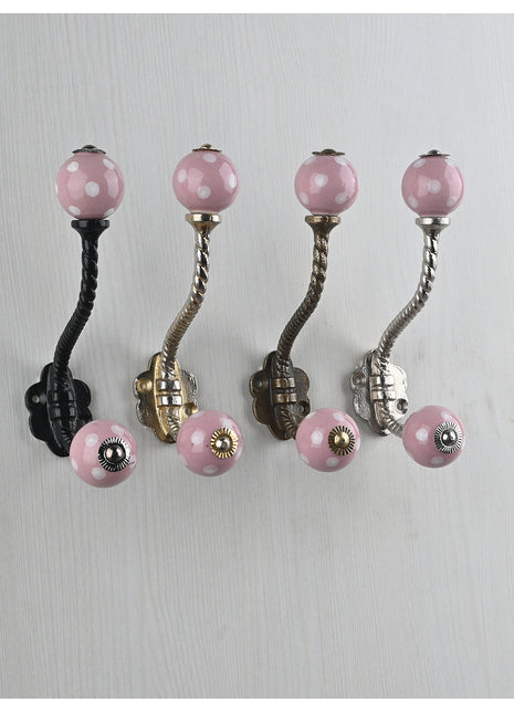 Pink White Polka Dots Ceramic Knob With Metal Wall Hanger