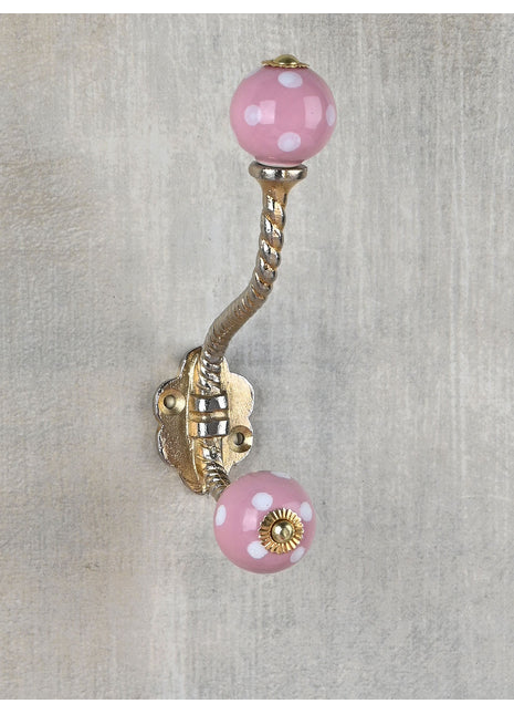 Designer Round Pink Cabinet Knob With White Polka Dots Metal Wall Hanger