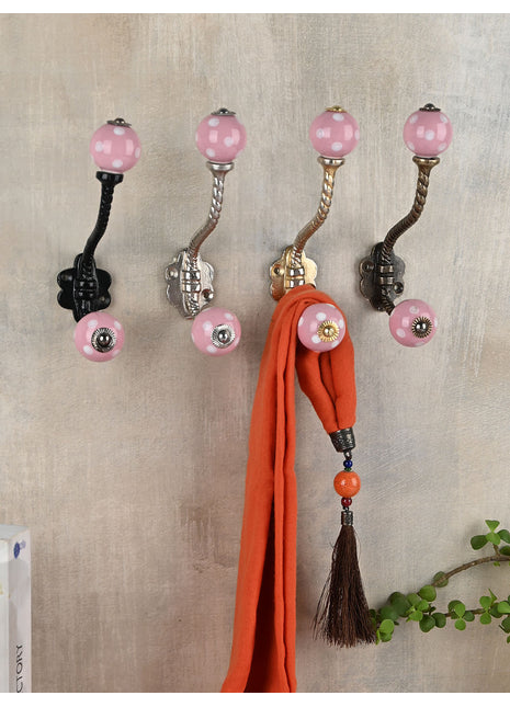 Designer Round Pink Cabinet Knob With White Polka Dots Metal Wall Hanger