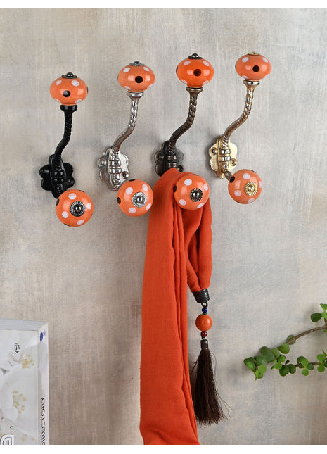 Round Orange Cabinet Knob With White And Brown Polka Dots Metal Wall Hanger