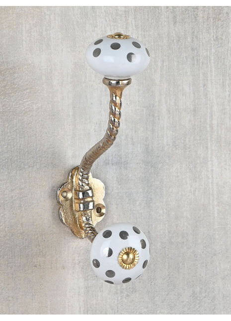 White Round Ceramic Knob With Silver Polka Dots Metal Wall Hanger