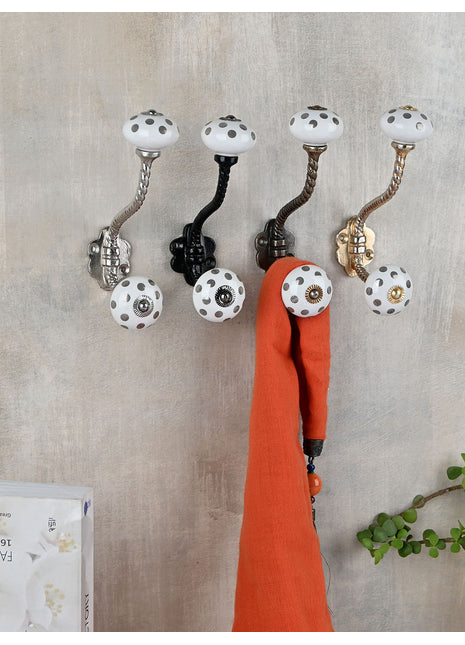 White Round Ceramic Knob With Silver Polka Dots Metal Wall Hanger