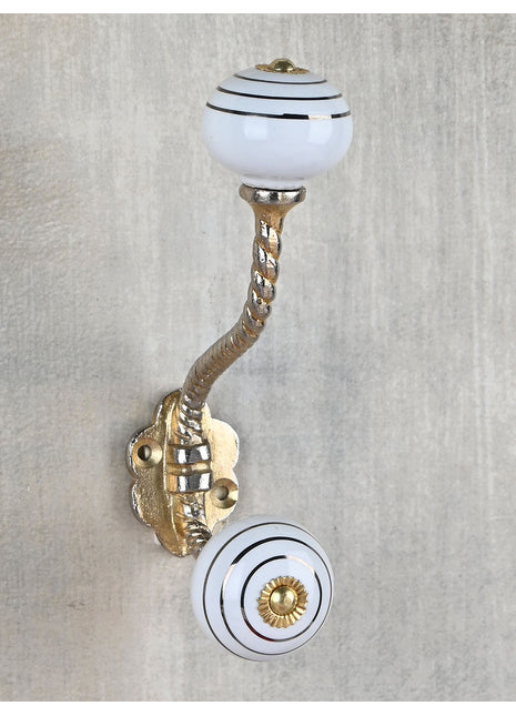 Silver Stripes on a White Ceramic Knob With Metal Wall Hanger